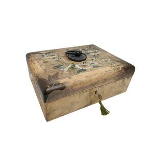 Vintage Leather Hand Painted Floral Jewelry Trinket Box with Key